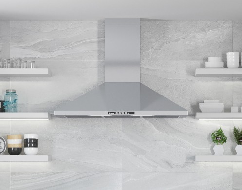 Stainless steel range hood, modern kitchen ventilation