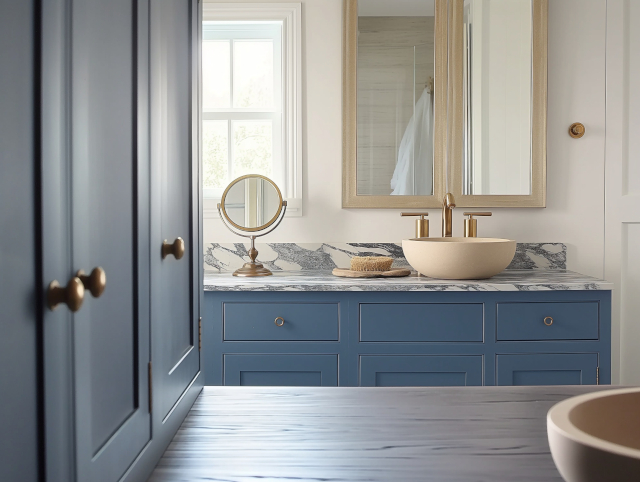 Discover a stylish bathroom vanity featuring a blue cabinet and elegant marble countertop, perfect for a contemporary home.