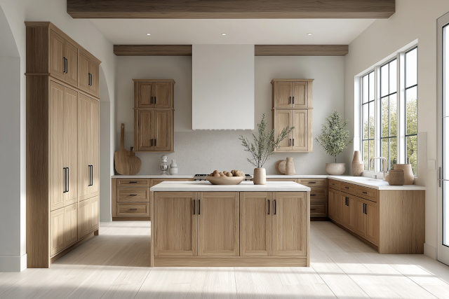 Discover a sleek and contemporary kitchen featuring light wood cabinets, a large island, and ample natural light. Perfect for modern homes.