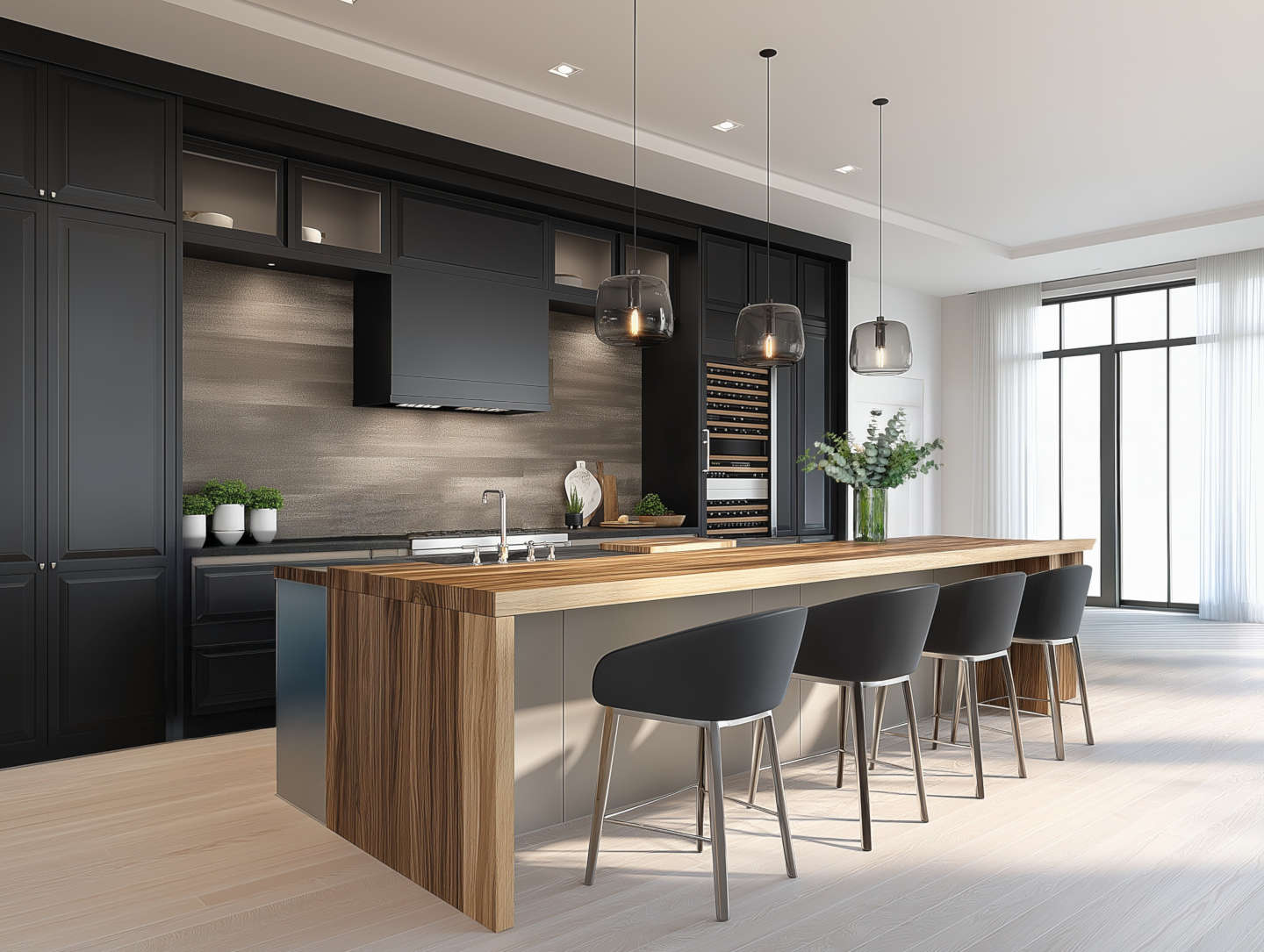 Discover a sleek, contemporary kitchen island with a dining area, featuring dark cabinets, wooden countertops, and stylish black chairs.