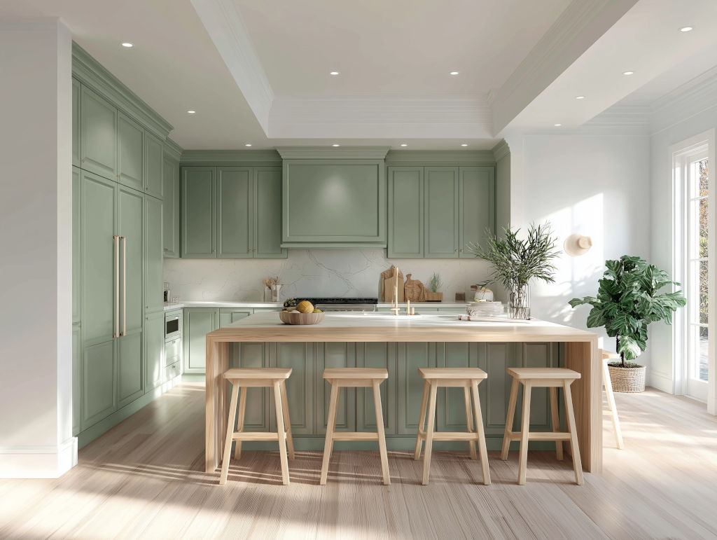 Discover a stylish green kitchen island with wooden stools, perfect for contemporary home decor. Enhance your kitchen with this elegant setup.