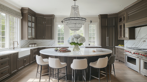 Discover a stunning kitchen featuring dark wood cabinets, marble countertops, and high-end appliances. Perfect for modern living.