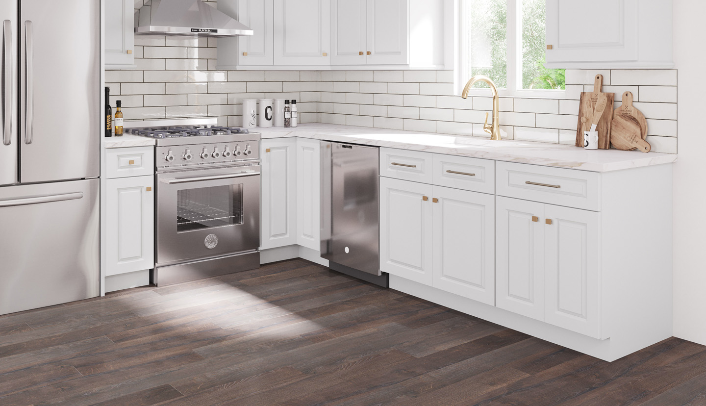 Modern kitchen with stainless steel gas range and built-in appliances